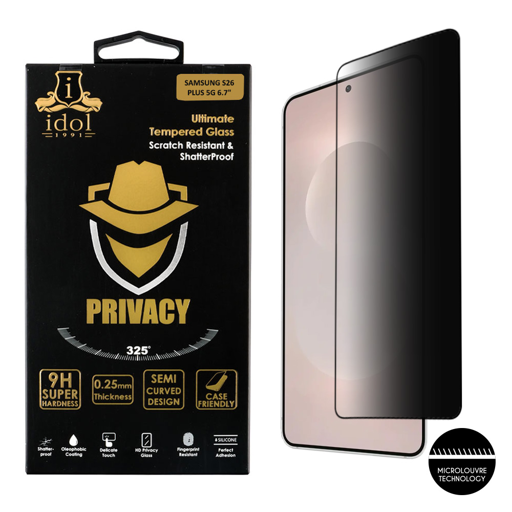 IDOL 1991 TEMPERED GLASS SAMSUNG S26 PLUS 5G 6.7" 9H 0.25mm PRIVACY ANTISPY 3D SEMI CURVED EDGE GLUE FINGER UNLOCK BLACK