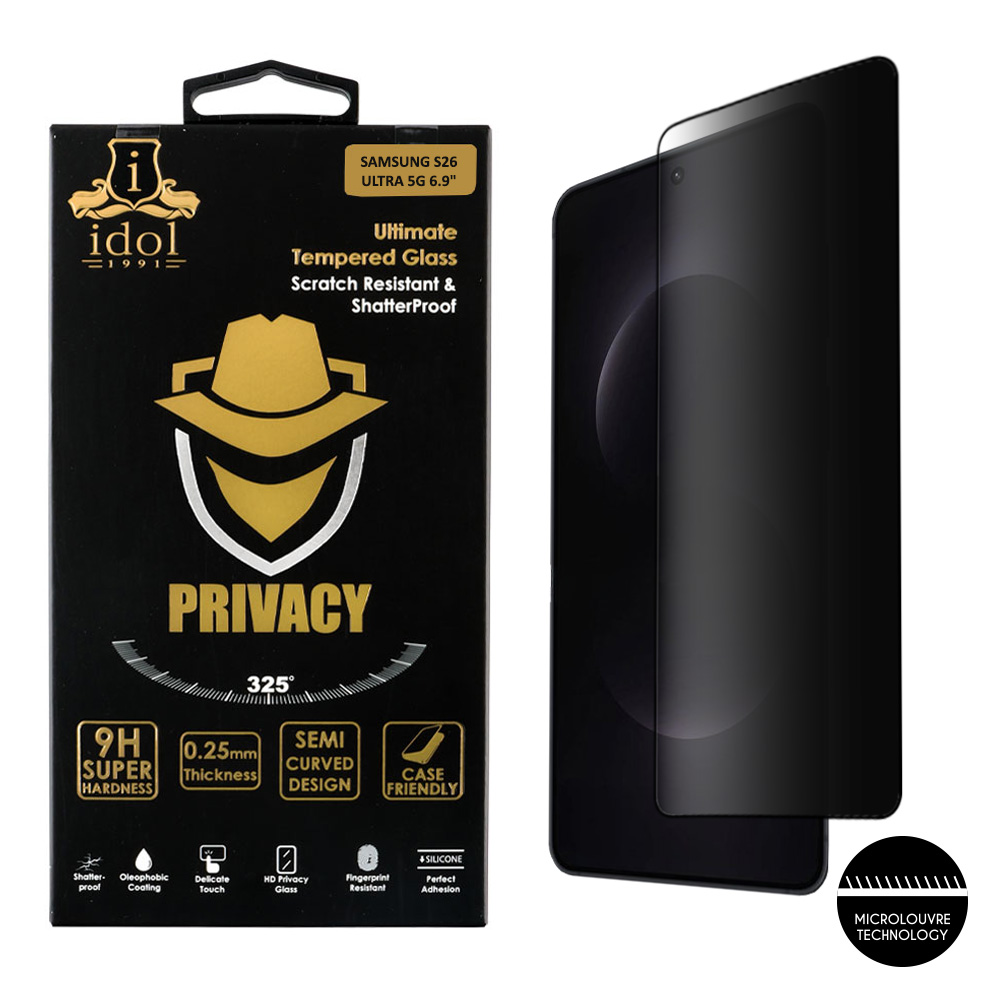 IDOL 1991 TEMPERED GLASS SAMSUNG S26 ULTRA 5G 6.9" 9H 0.25mm PRIVACY ANTISPY 3D SEMI CURVED EDGE GLUE FINGER UNLOCK BLACK