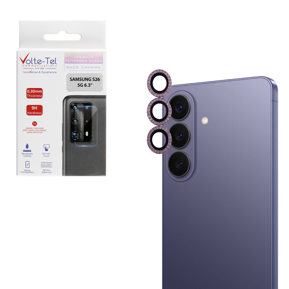 VOLTE-TEL CAMERA GLASS COVER SAMSUNG S26 5G 6.3" 9H 0.33MM EASY APPLICATION WITH STRASS LIGHT PURPLE