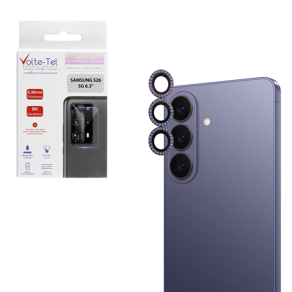 VOLTE-TEL CAMERA GLASS COVER SAMSUNG S26 5G 6.3" 9H 0.33MM EASY APPLICATION WITH STRASS NAVY BLUE