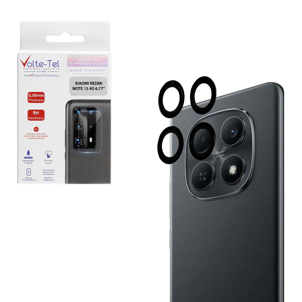 VOLTE-TEL CAMERA GLASS COVER XIAOMI REDMI NOTE 15 4G 6.77" 9H 0.30MM EASY APPLICATION BLACK