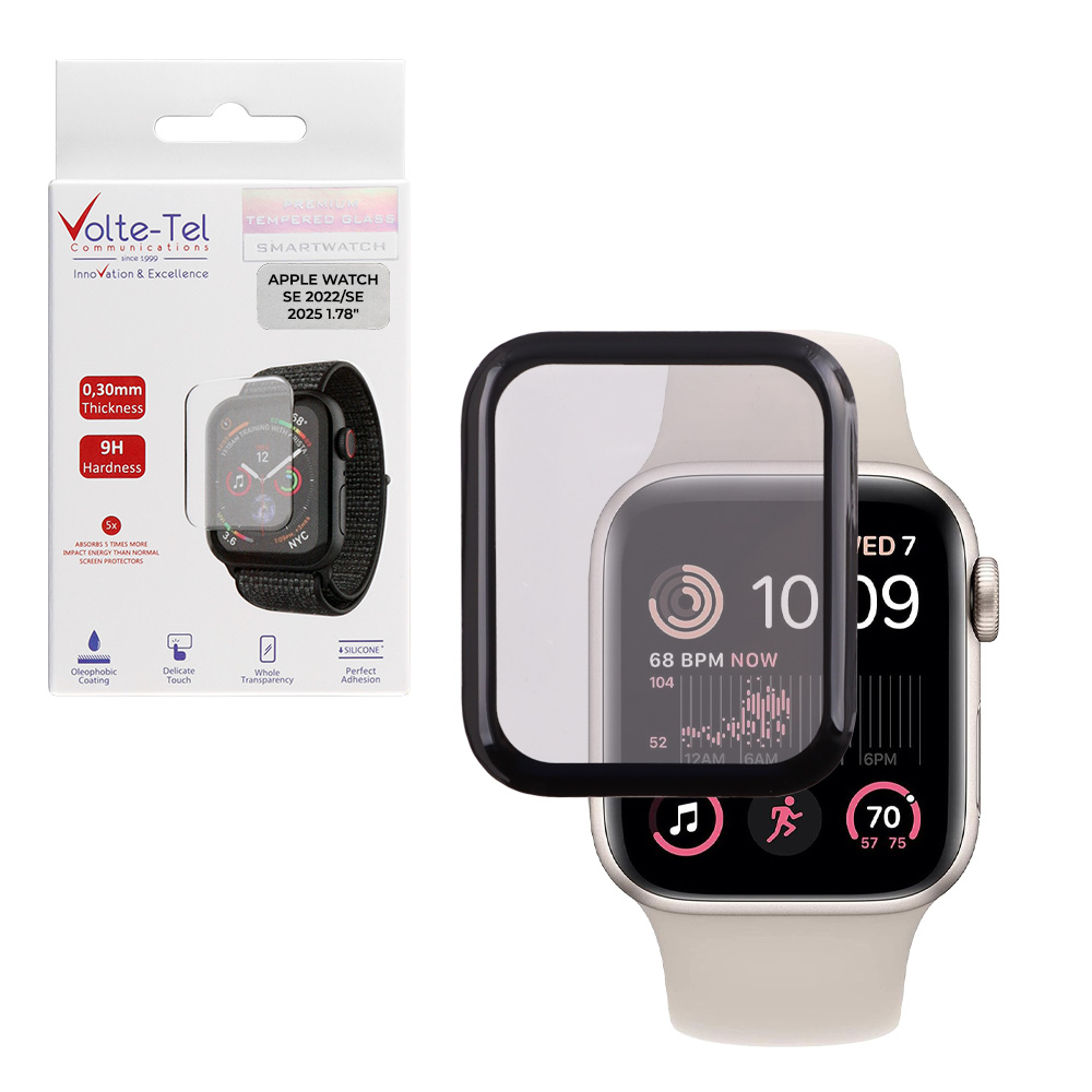VOLTE-TEL TEMPERED PLEXI GLASS APPLE WATCH SE 2022/SE 2025 44mm 1.78" 3D EDGE 0.30mm FULL GLUE FULL COVER BLACK