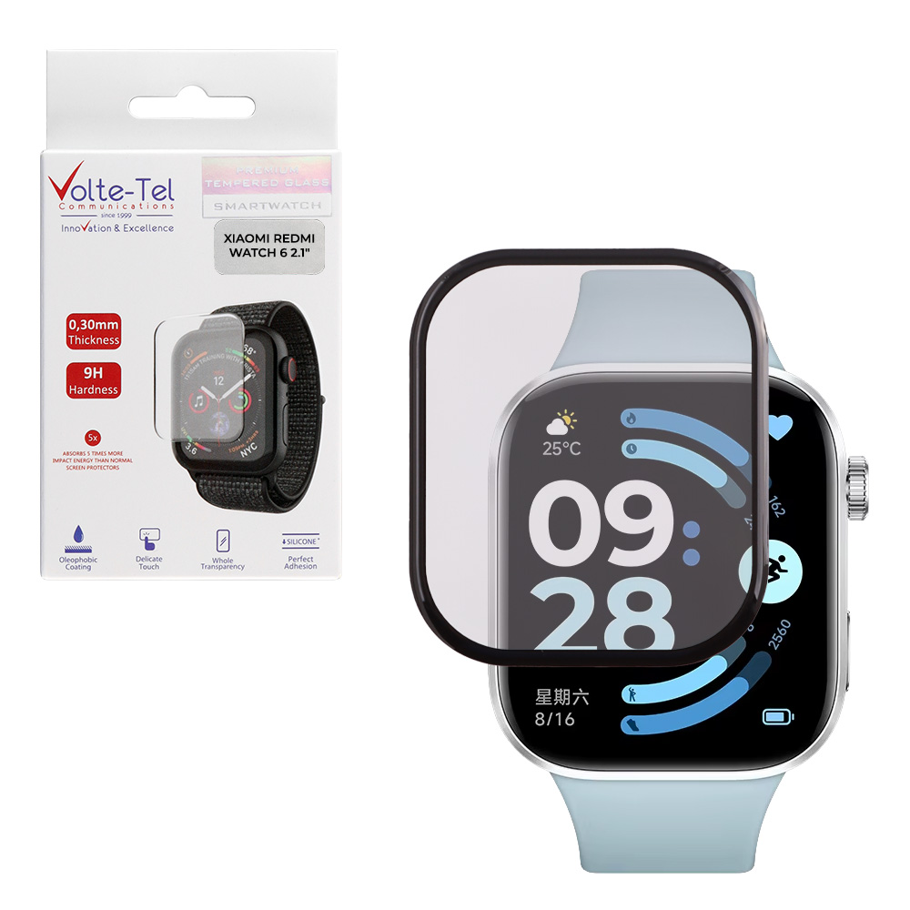 VOLTE-TEL TEMPERED PLEXI GLASS XIAOMI REDMI WATCH 6 2.1" 3D EDGE 0.30mm FULL GLUE FULL COVER BLACK