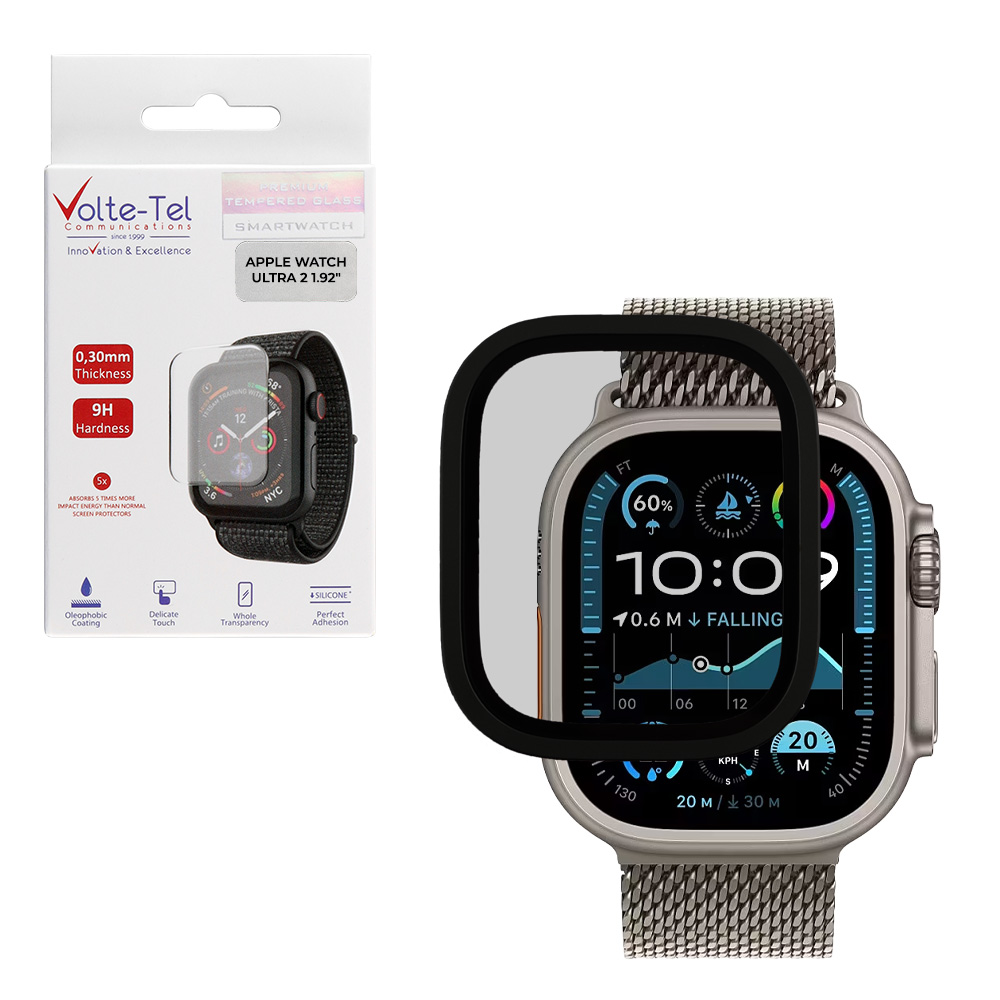 VOLTE-TEL TEMPERED GLASS APPLE WATCH ULTRA 2 49mm 3D TITANIUM 1.92" 0.30mm FULL COVER BLACK
