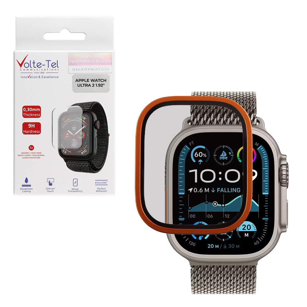 VOLTE-TEL TEMPERED GLASS APPLE WATCH ULTRA 2 49mm 3D TITANIUM 1.92" 0.30mm FULL COVER ORANGE