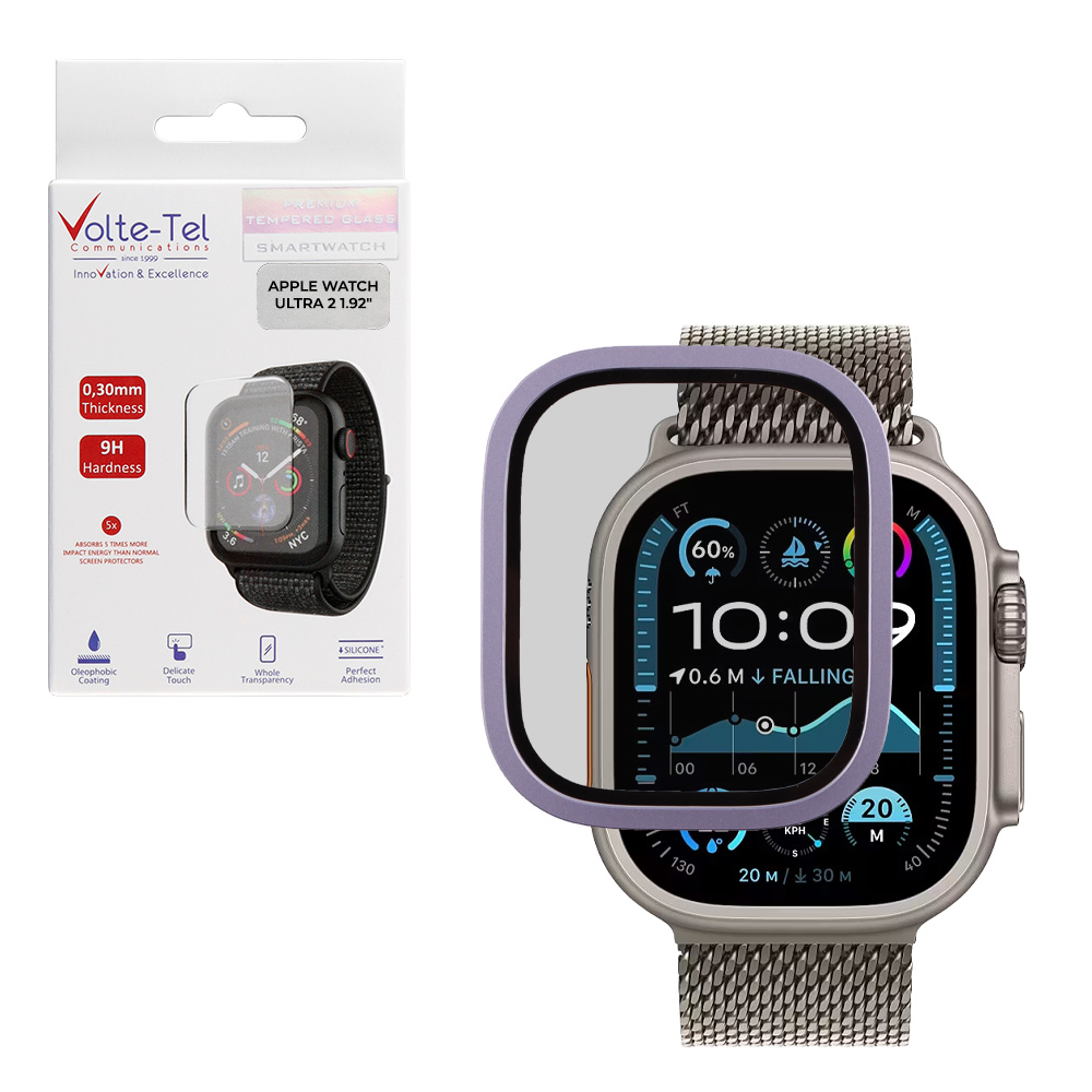 VOLTE-TEL TEMPERED GLASS APPLE WATCH ULTRA 2 49mm 3D TITANIUM 1.92" 0.30mm FULL COVER LIGHT PURPLE