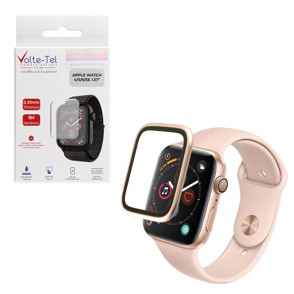 VOLTE-TEL TEMPERED GLASS APPLE WATCH 4/5/6/SE 40mm 3D CURVED ALUMINIUM 1.57" 0.30mm FULL COVER & INSTALLATION TOOL GOLD