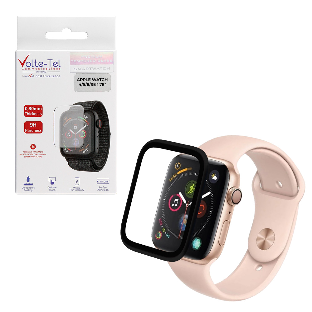 VOLTE-TEL TEMPERED GLASS APPLE WATCH 4/5/6/SE 44mm 3D CURVED ALUMINIUM 1.78" 0.30mm FULL COVER & INSTALLATION TOOL BLACK
