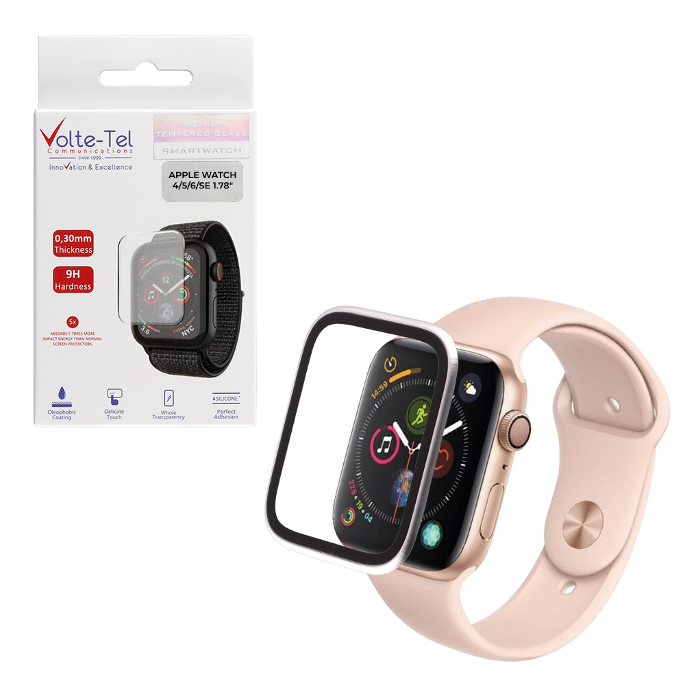 VOLTE-TEL TEMPERED GLASS APPLE WATCH 4/5/6/SE 44mm 3D CURVED ALUMINIUM 1.78" 0.30mm FULL COVER & INSTALLATION TOOL SILVER