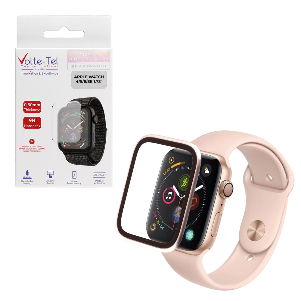VOLTE-TEL TEMPERED GLASS APPLE WATCH 4/5/6/SE 44mm 3D CURVED ALUMINIUM 1.78" 0.30mm FULL COVER & INSTALLATION TOOL STARLIGHT