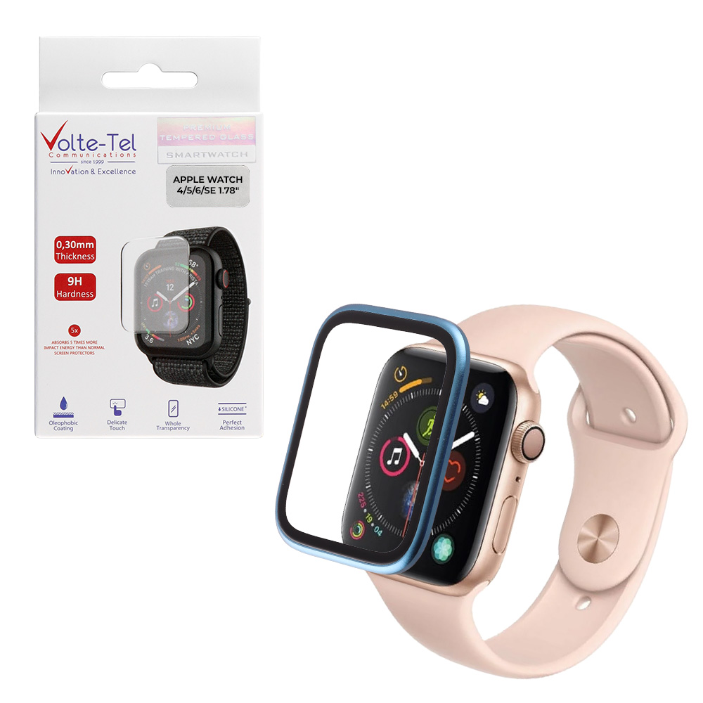 VOLTE-TEL TEMPERED GLASS APPLE WATCH 4/5/6/SE 44mm 3D CURVED ALUMINIUM 1.78" 0.30mm FULL COVER & INSTALLATION TOOL BLUE