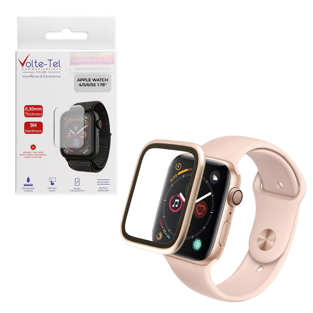 VOLTE-TEL TEMPERED GLASS APPLE WATCH 4/5/6/SE 44mm 3D CURVED ALUMINIUM 1.78" 0.30mm FULL COVER & INSTALLATION TOOL GOLD