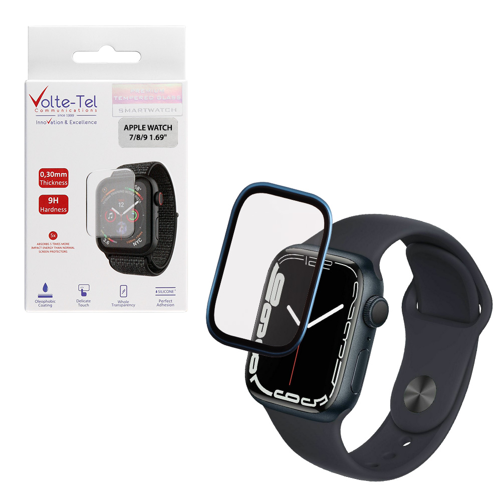 VOLTE-TEL TEMPERED GLASS APPLE WATCH 7/8/9 41mm 3D CURVED ALUMINIUM 1.69" 0.30mm FULL COVER & INSTALLATION TOOL BLUE
