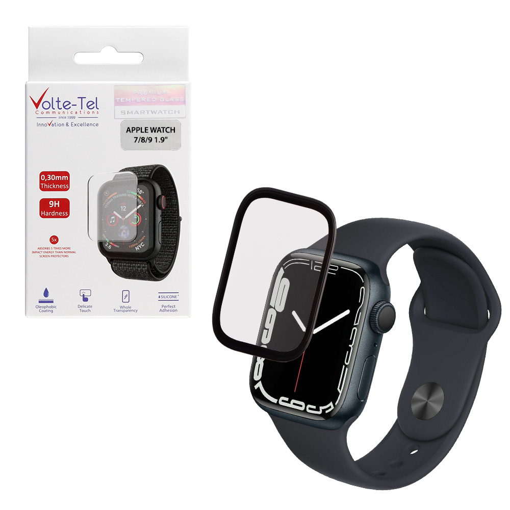 VOLTE-TEL TEMPERED GLASS APPLE WATCH 7/8/9 45mm 3D CURVED ALUMINIUM 1.9" 0.30mm FULL COVER & INSTALLATION TOOL BLACK