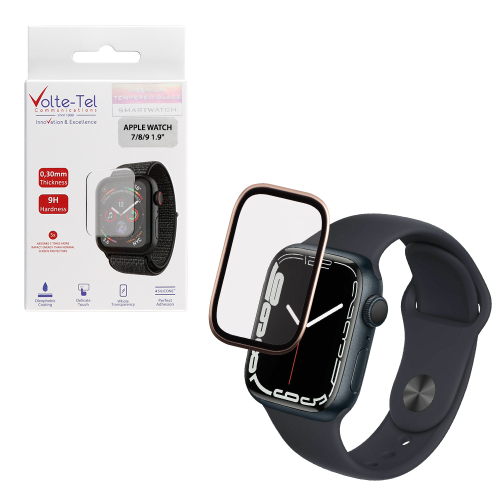 VOLTE-TEL TEMPERED GLASS APPLE WATCH 7/8/9 45mm 3D CURVED ALUMINIUM 1.9" 0.30mm FULL COVER & INSTALLATION TOOL GOLD