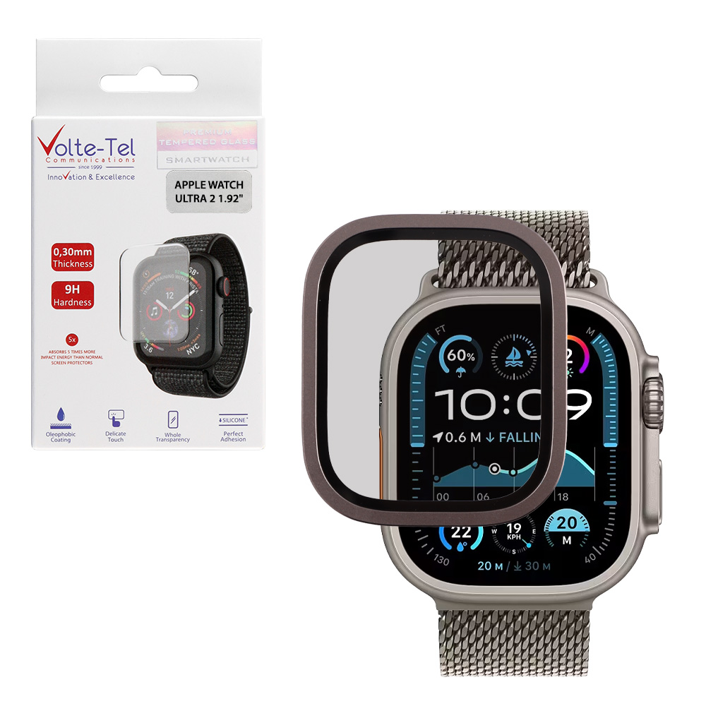 VOLTE-TEL TEMPERED GLASS APPLE WATCH ULTRA 2 49mm 3D TITANIUM 1.92" 0.30mm FULL COVER TITANIUM-BLACK
