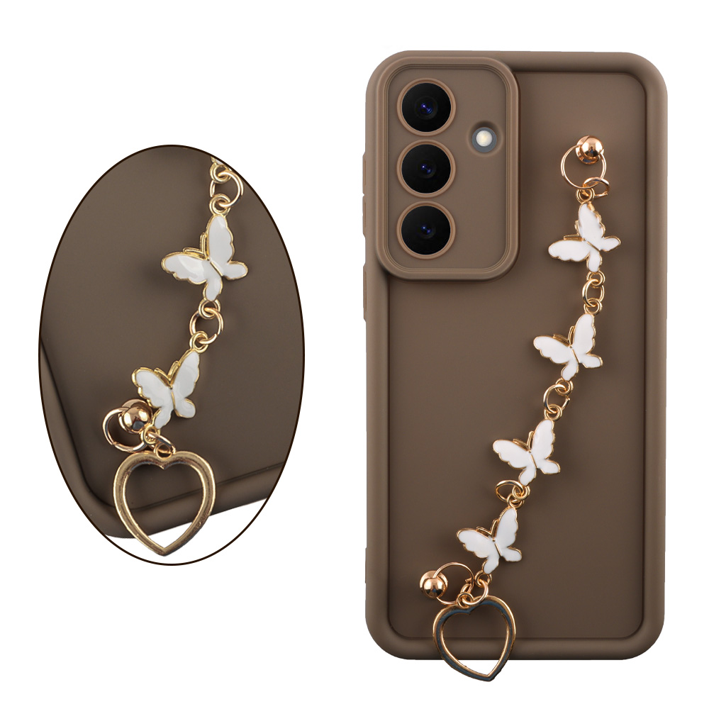 VOLTE-TEL ΘΗΚΗ SAMSUNG S26 5G S931 6.3" SILICON TPU WITH STRAP FULL CAMERA PROTECTION BROWN WITH WHITE BUTTERFLIES
