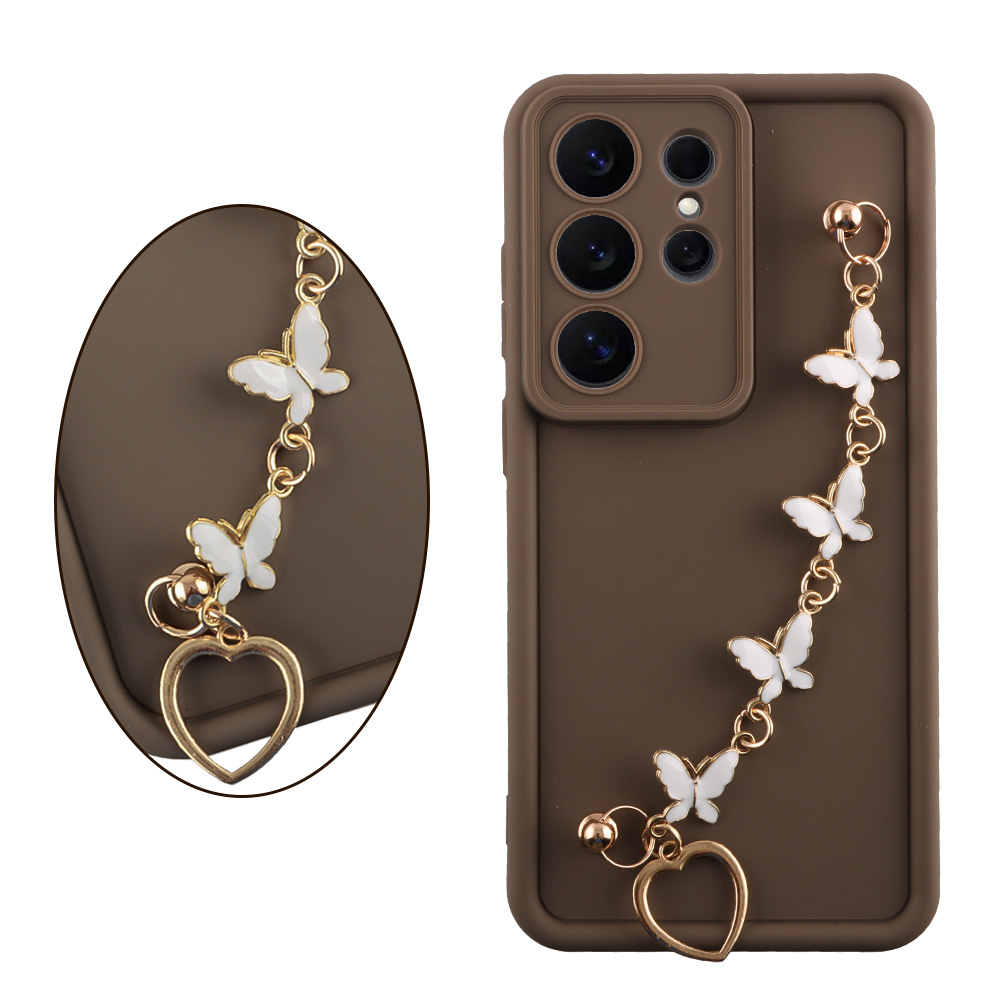 VOLTE-TEL ΘΗΚΗ SAMSUNG S26 ULTRA 5G S931 6.9" SILICON TPU WITH STRAP FULL CAMERA PROTECTION BROWN WITH WHITE BUTTERFLIES