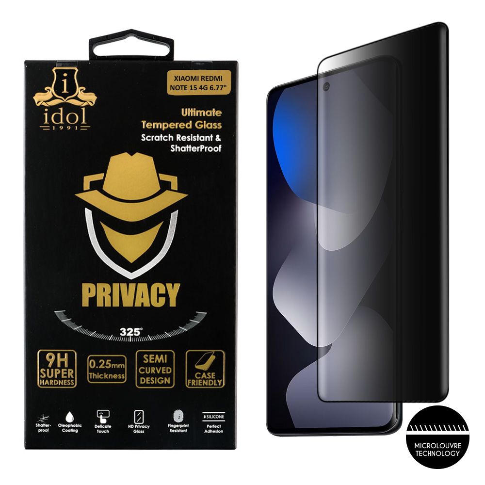 IDOL 1991 TEMPERED GLASS XIAOMI REDMI NOTE 15 4G 6.77" 9H 0.25mm PRIVACY ANTISPY SEMI CURVED FULL GLUE BLACK