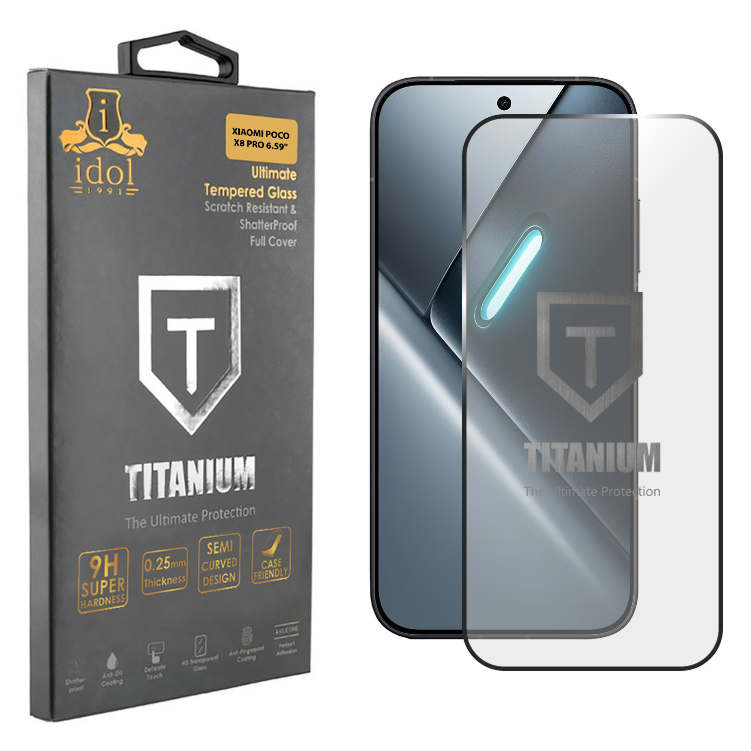 IDOL 1991 TITANIUM TEMPERED GLASS XIAOMI POCO X8 PRO 6.59" 9H 0.25mm SEMI CURVED FINGER UNLOCK FULL GLUE BLACK