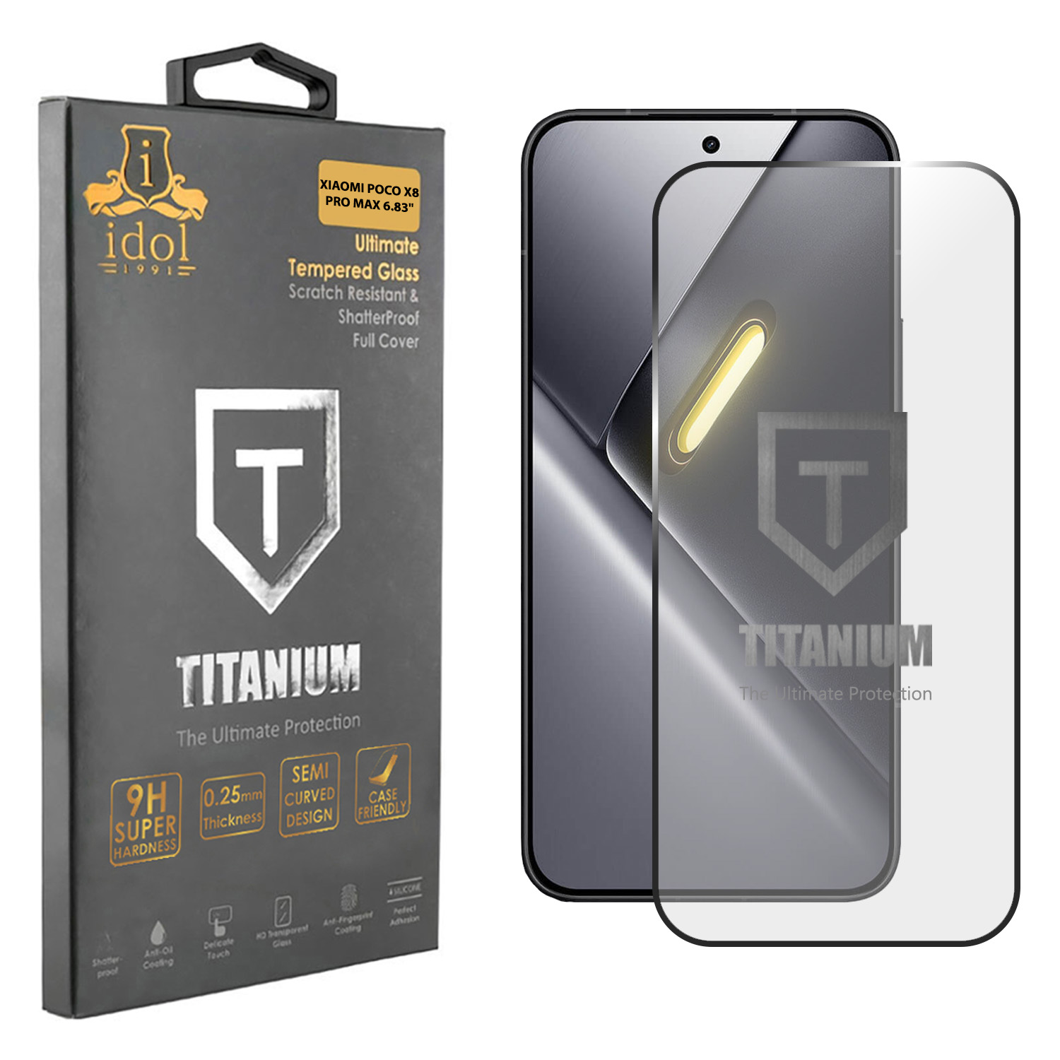 IDOL 1991 TITANIUM TEMPERED GLASS XIAOMI POCO X8 PRO MAX 6.83" 9H 0.25mm SEMI CURVED FINGER UNLOCK FULL GLUE BLACK