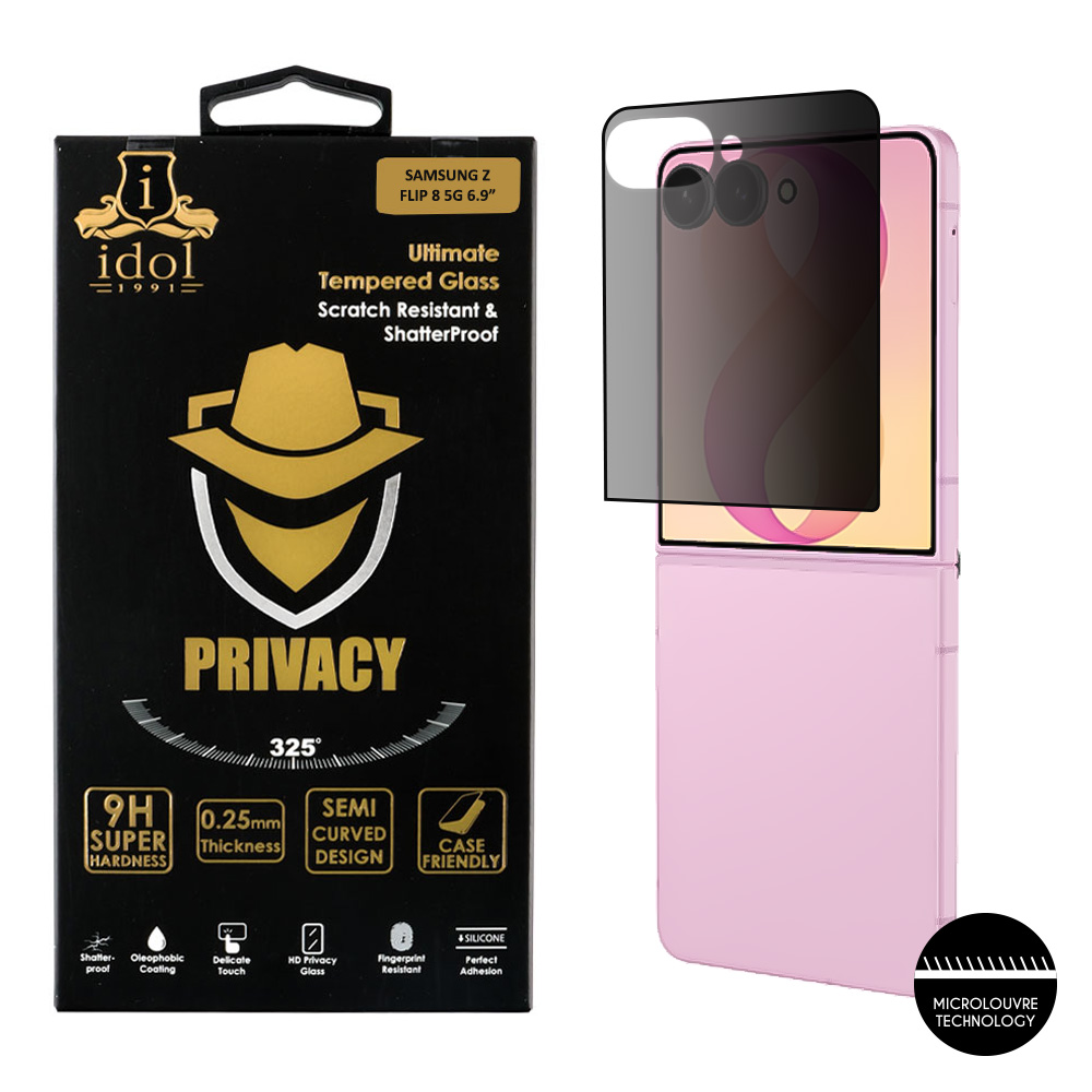 IDOL 1991 PRIVACY ANTISPY TEMPERED GLASS SAMSUNG Z FLIP 8 5G 6.9in 9H 0.25mm SEMI CURVED FULL GLUE BLACK