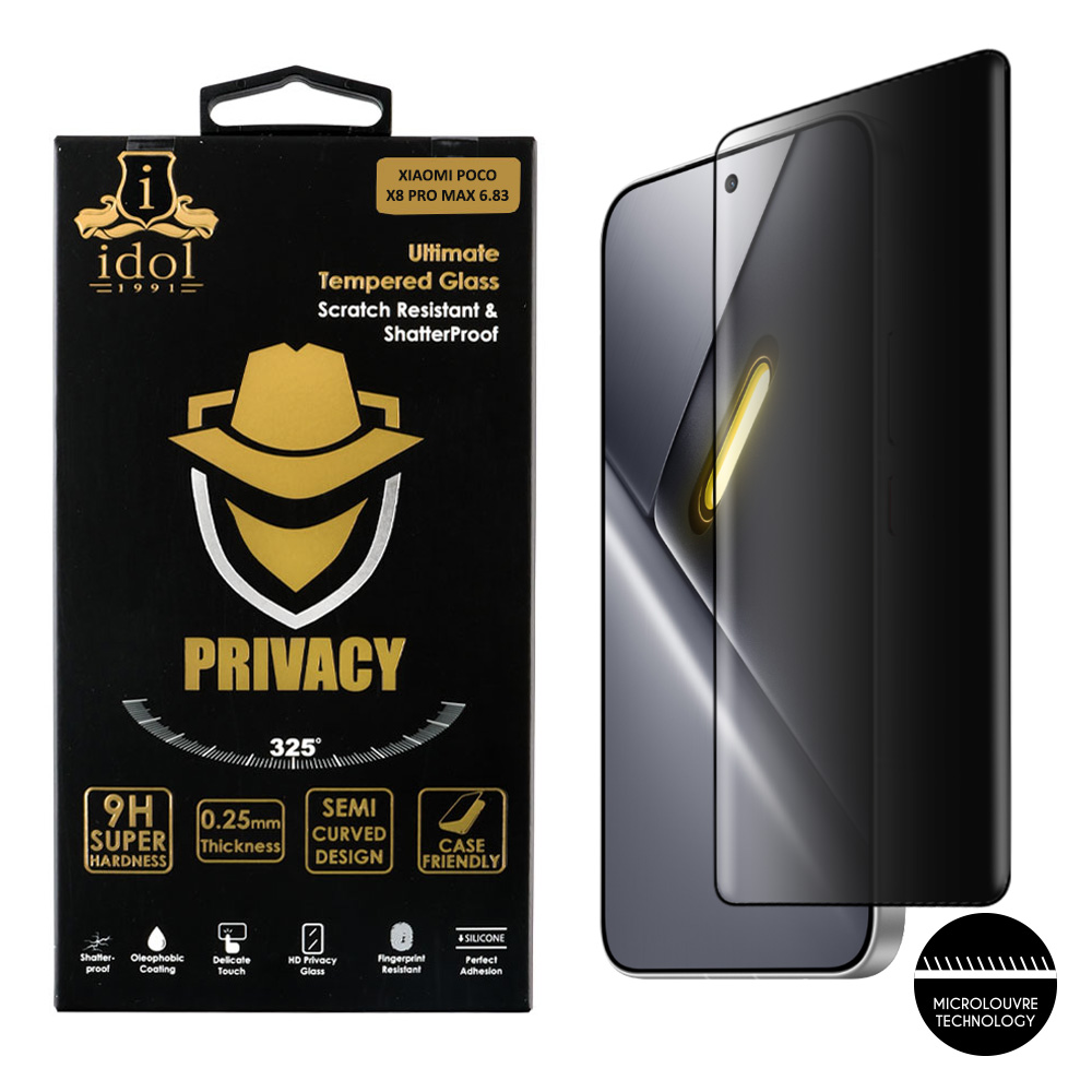 IDOL 1991 PRIVACY ANTISPY TEMPERED GLASS XIAOMI POCO X8 PRO MAX 6.83in 9H 0.25mm SEMI CURVED FINGER UNLOCK FULL GLUE BLACK
