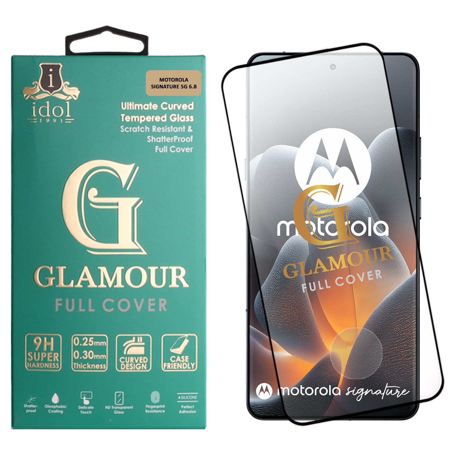 IDOL 1991 GLAMOUR TEMPERED GLASS MOTOROLA SIGNATURE 5G 6.8in 9H 0.30mm FULL COVER 3D FULL GLUE FINGER UNLOCK BLACK+SQUEEZY C