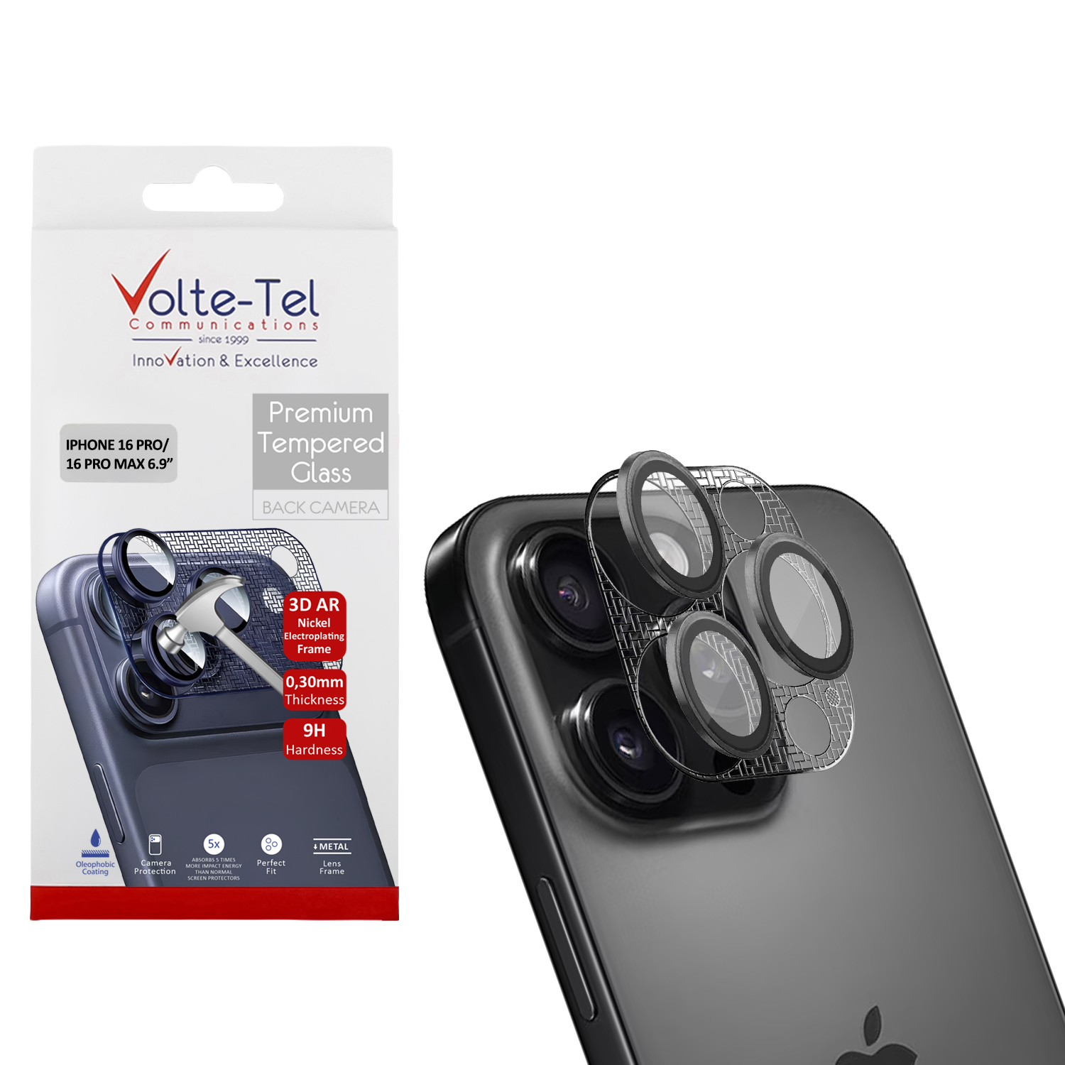 VOLTE-TEL CAMERA GLASS COVER IPHONE 16/15/14 PRO 6.3in/IPHONE 16 PRO MAX 6.9in 9H 0.30MM 3D AR NICKEL-ELECTROPLATING FRAME BLACK