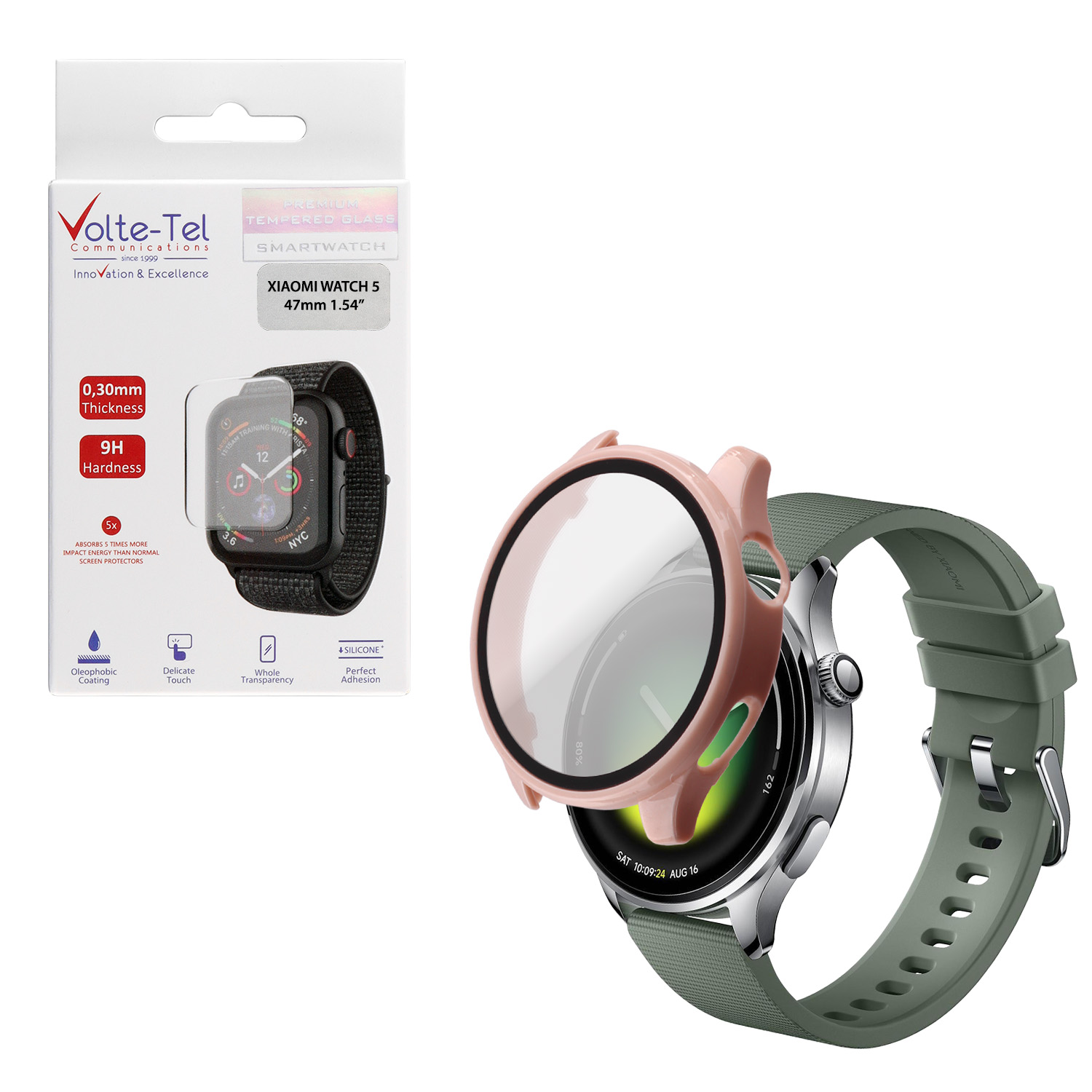 VOLTE-TEL PC EDGE COVER TEMPERED GLASS XIAOMI WATCH 5 47mm 1.54in 9H 0.30mm 3D FULL GLUE FULL COVER PINK