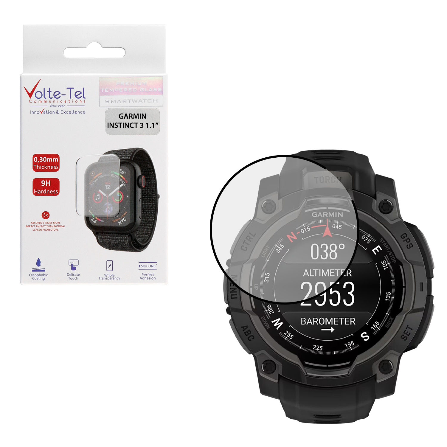VOLTE-TEL PLEXI TEMPERED GLASS GARMIN INSTINCT 3 50mm 3D EDGE 1.1in 0.30mm FULL GLUE FULL COVER BLACK