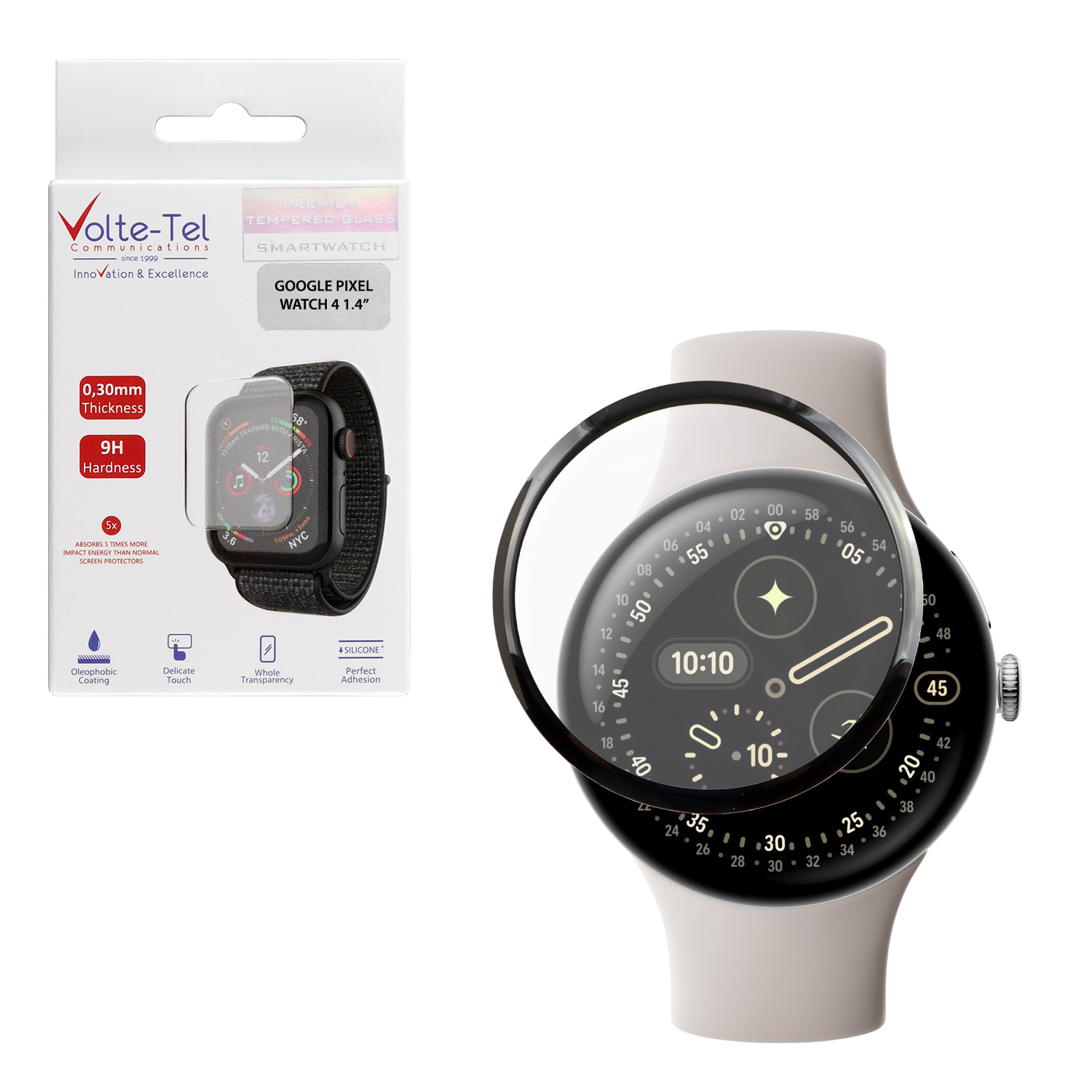 VOLTE-TEL PLEXI TEMPERED GLASS GOOGLE PIXEL WATCH 4 45mm 3D EDGE 1.4in 0.30mm FULL GLUE FULL COVER BLACK