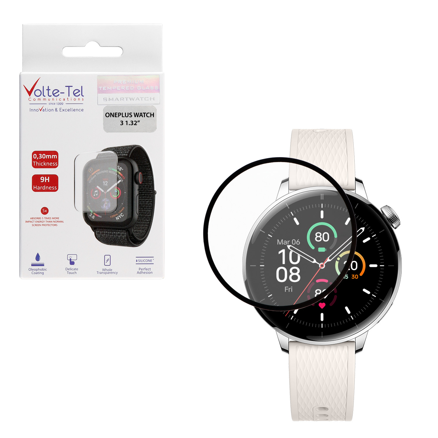 VOLTE-TEL PLEXI TEMPERED GLASS ONEPLUS WATCH 3 43MM 3D EDGE 1.32in 0.30mm FULL GLUE FULL COVER BLACK