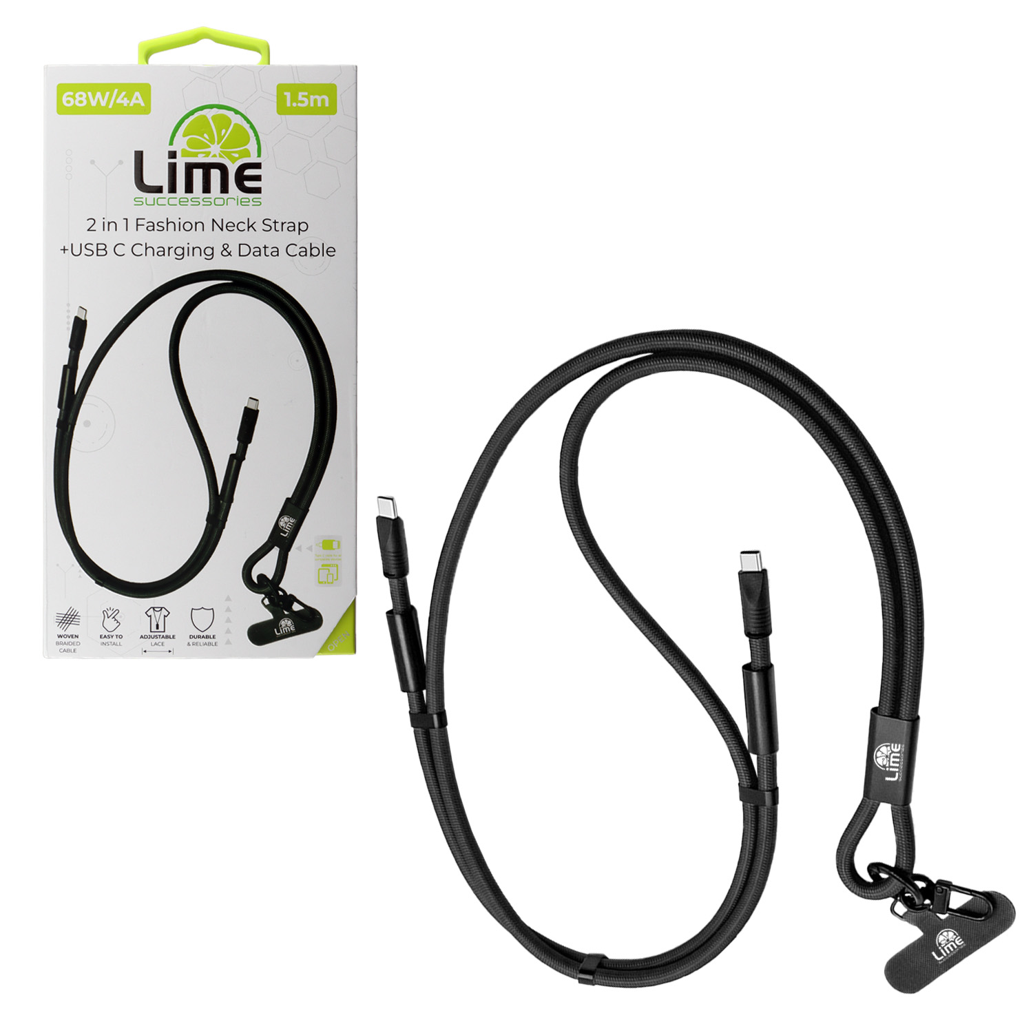 LIME ΚΑΛΩΔΙΟ 2 IN 1 FASHION NECK STRAP - USB-C TO USB-C 4A ΦΟΡΤΙΣΗΣ-DATA DURABLE BRAIDED 1.5m LSCC01 68W BLACK