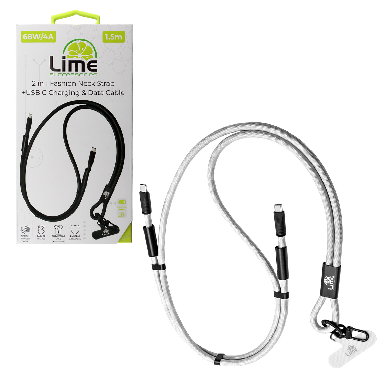 LIME ΚΑΛΩΔΙΟ 2 IN 1 FASHION NECK STRAP - USB-C TO USB-C 4A ΦΟΡΤΙΣΗΣ-DATA DURABLE BRAIDED 1.5m LSCC01 68W WHITE