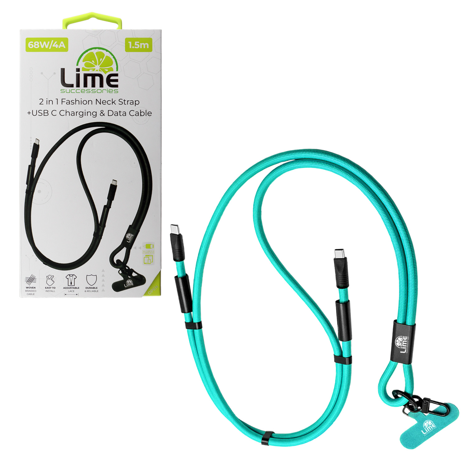 LIME ΚΑΛΩΔΙΟ 2 IN 1 FASHION NECK STRAP - USB-C TO USB-C 4A ΦΟΡΤΙΣΗΣ-DATA DURABLE BRAIDED 1.5m LSCC01 68W BLUE
