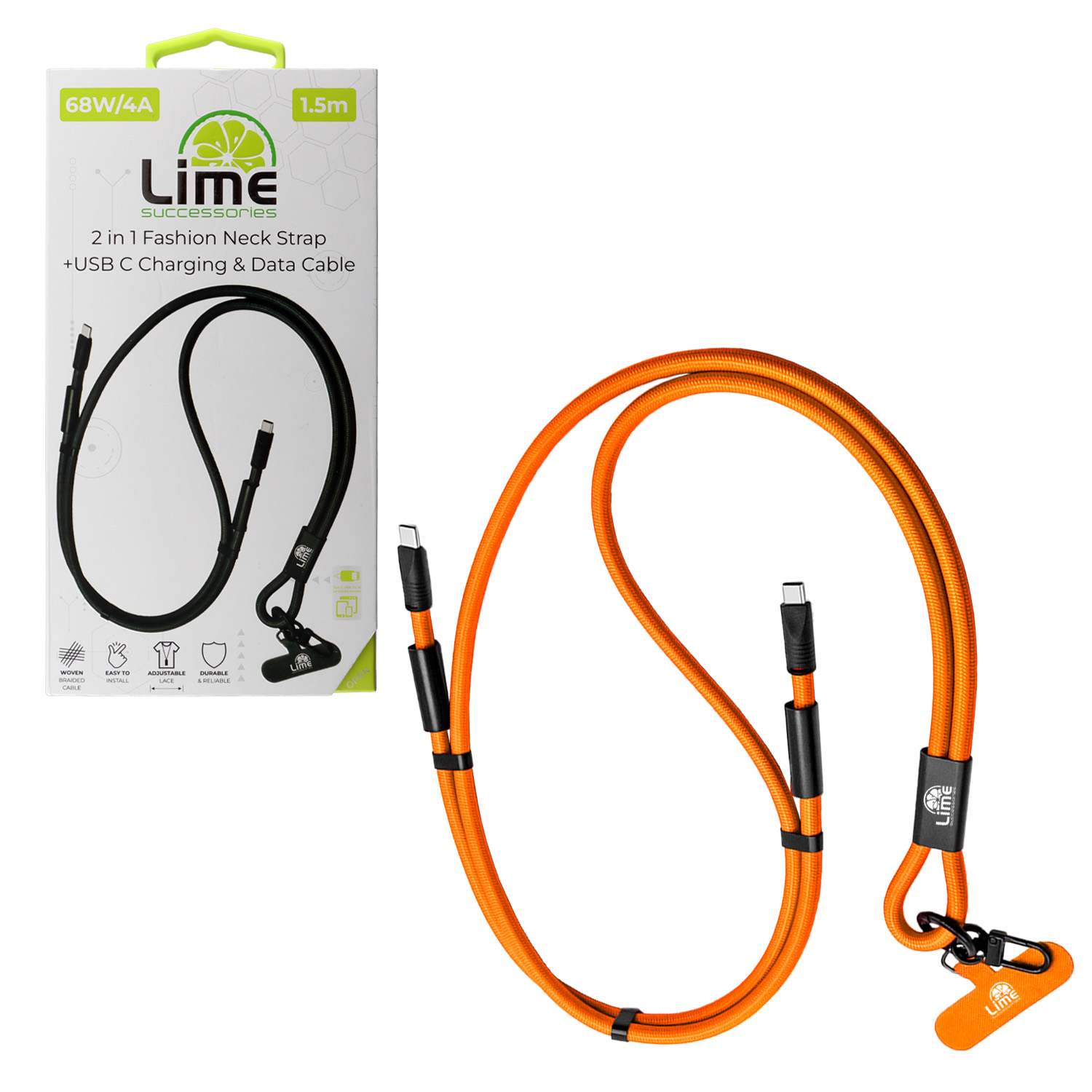LIME ΚΑΛΩΔΙΟ 2 IN 1 FASHION NECK STRAP - USB-C TO USB-C 4A ΦΟΡΤΙΣΗΣ-DATA DURABLE BRAIDED 1.5m LSCC01 68W ORANGE