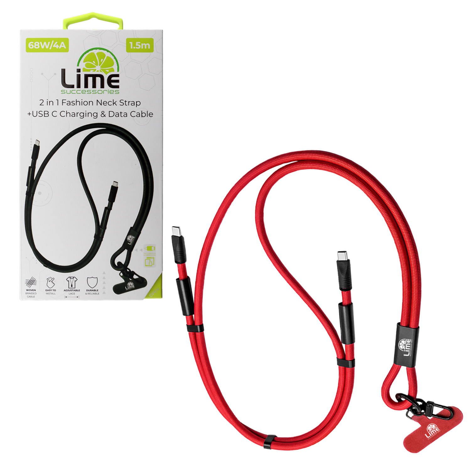 LIME ΚΑΛΩΔΙΟ 2 IN 1 FASHION NECK STRAP - USB-C TO USB-C 4A ΦΟΡΤΙΣΗΣ-DATA DURABLE BRAIDED 1.5m LSCC01 68W RED