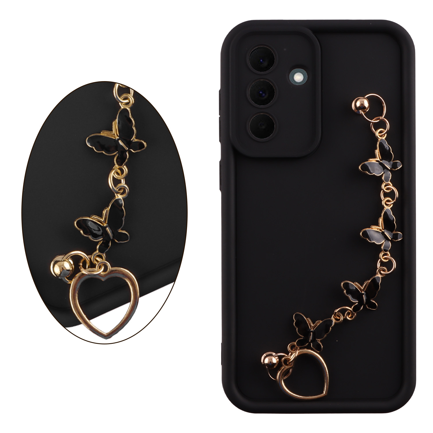 VOLTE-TEL SILICON TPU WITH STRAP ΘΗΚΗ SAMSUNG A57 5G A576 6.7in FULL CAMERA PROTECTION BLACK WITH BLACK BUTTERFLIES