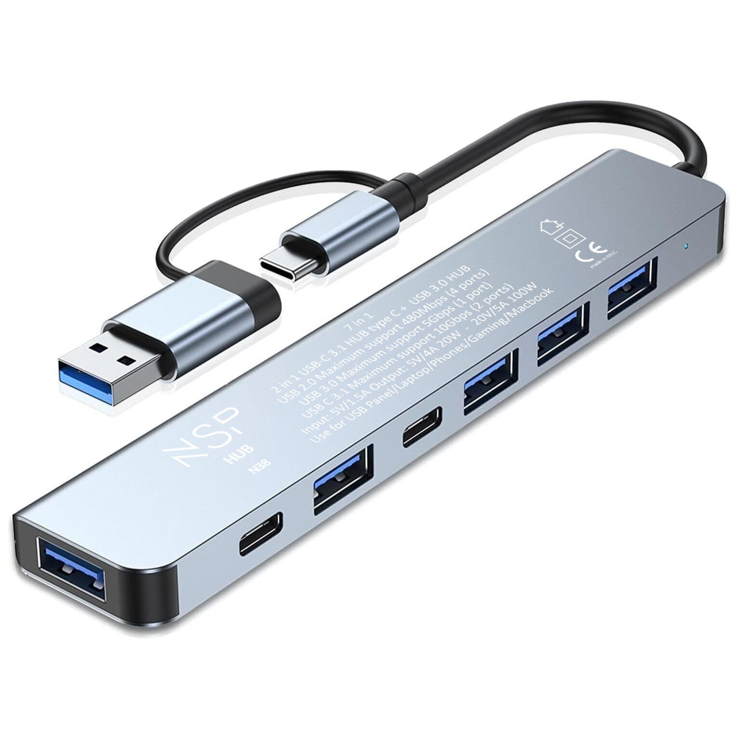 NSP ΚΑΛΩΔΙΟ N38 7IN1 HUB WITH DUAL USB-C/USB-A+OTG CONNECTOR USB-C 3.1 10Gbps (2ports)+USB 3.0 5Gbps +USB-A 2.0 480Mbps (4port)
