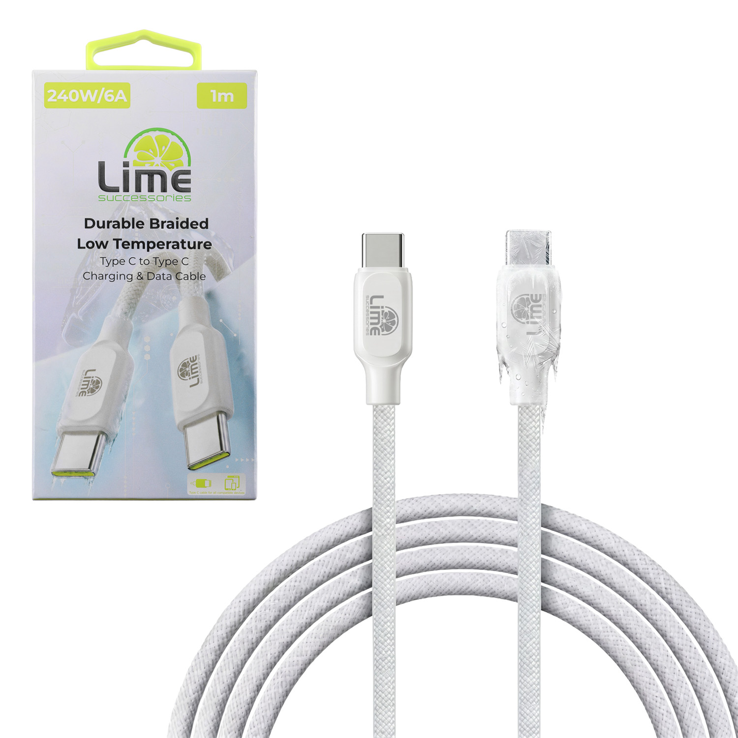 LIME ΚΑΛΩΔΙΟ USB-C TO USB-C 6A ΦΟΡΤΙΣΗΣ-DATA DURABLE BRAIDED ICE CABLE 1m LBCC03 240W LOW TEMPERATURE WHITE