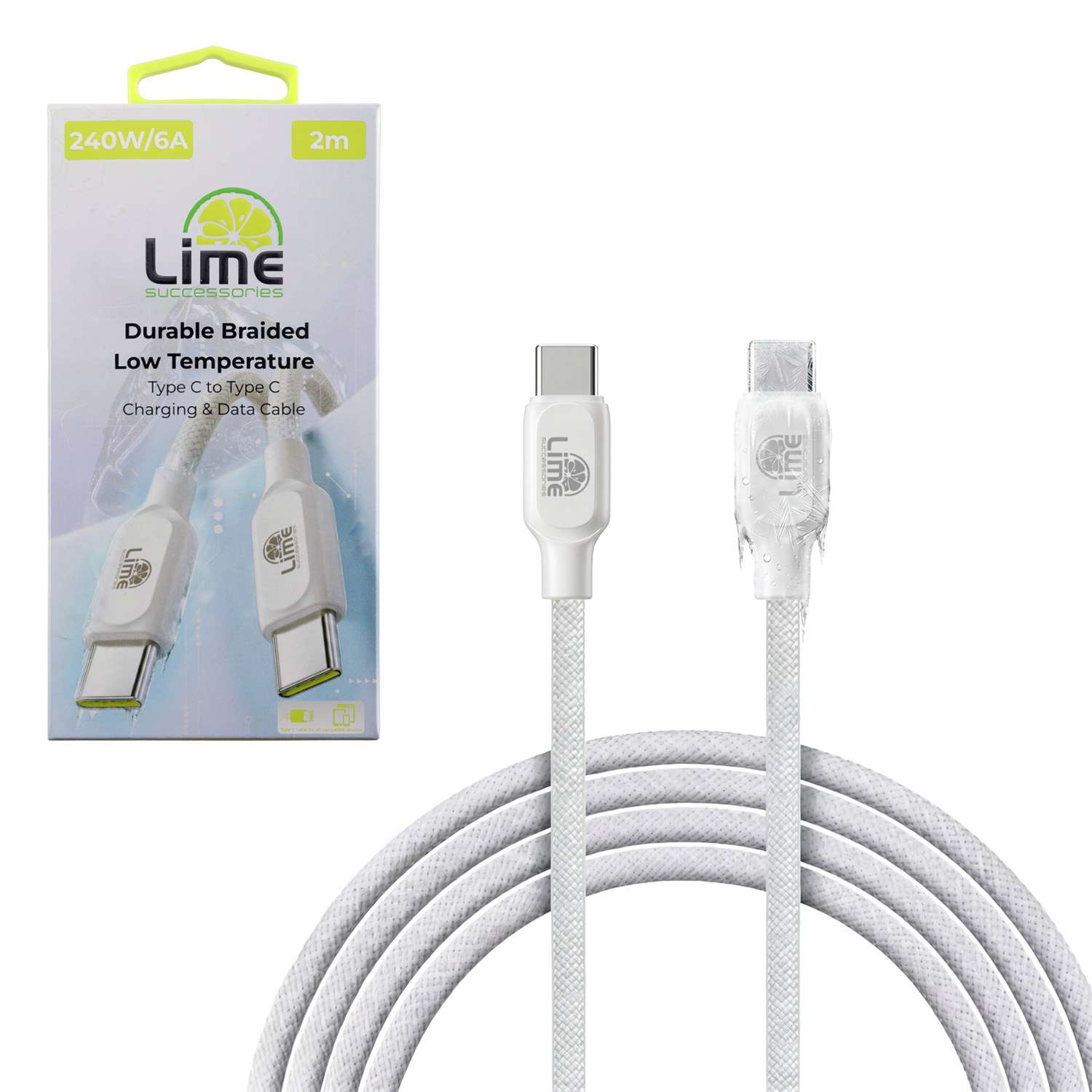 LIME ΚΑΛΩΔΙΟ USB-C TO USB-C 6A ΦΟΡΤΙΣΗΣ-DATA DURABLE BRAIDED ICE CABLE 2m LBCC04 240W LOW TEMPERATURE WHITE