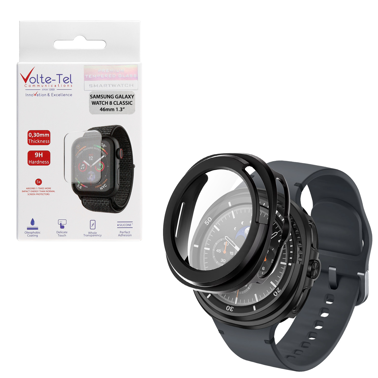 VOLTE-TEL PC EDGE COVER TEMPERED GLASS SAMSUNG GALAXY WATCH 8 CLASSIC 46mm 1.3in 9H 0.30mm 3D FULL GLUE FULL COVER ORIGINAL COLO
