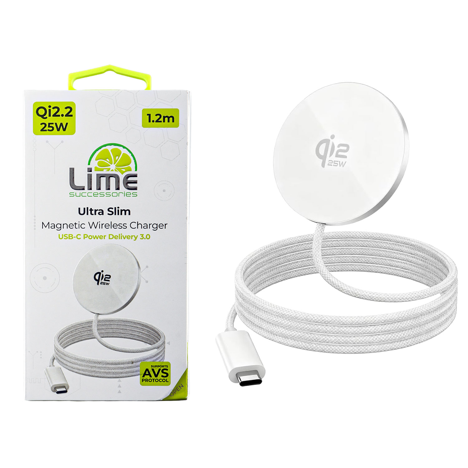 LIME ΑΣΥΡΜΑΤΟΣ ΦΟΡΤΙΣΤΗΣ MAGSAFE 25W QI2.2 LWM25W AVS ULTRA SLIM ΜΑΓΝΗΤΙΚΟΣ ΜΕ ΚΑΛΩΔΙΟ USB-C ΑΛΟΥΜΙΝΙΟΥ 1.2m WHITE
