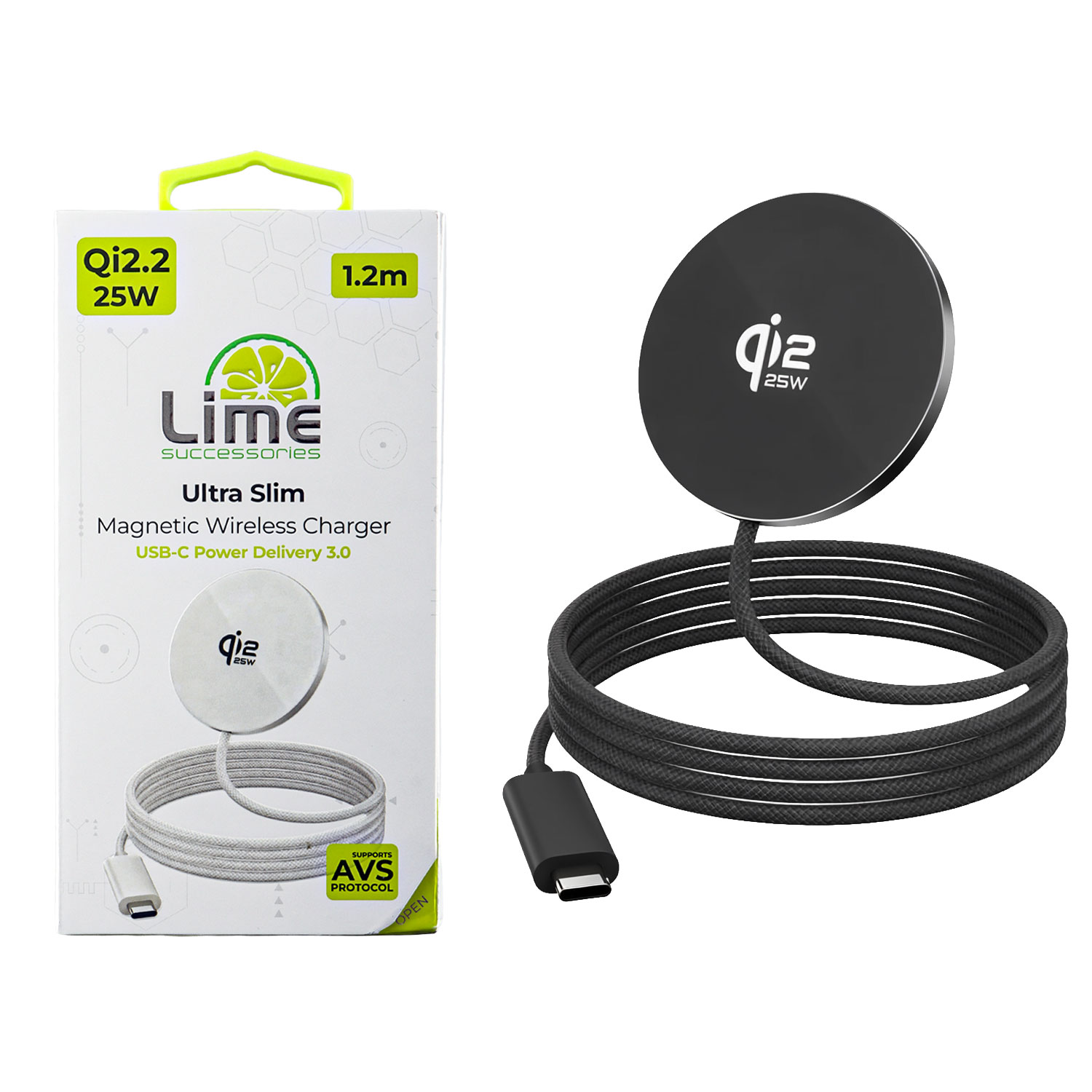LIME ΑΣΥΡΜΑΤΟΣ ΦΟΡΤΙΣΤΗΣ MAGSAFE 25W QI2.2 LWM25W AVS ULTRA SLIM ΜΑΓΝΗΤΙΚΟΣ ΜΕ ΚΑΛΩΔΙΟ USB-C ΑΛΟΥΜΙΝΙΟΥ 1.2m BLACK