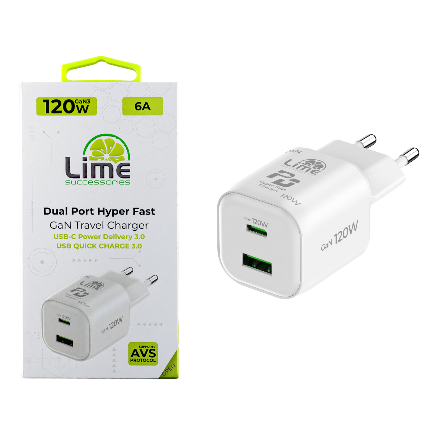 LIME USB-C GAN PD 3.2 DUAL AVS HYPER FAST TRAVEL QC 3.2 LDC120W 99W + USB-A QC 3.2 21W TOTAL 120W WHITE