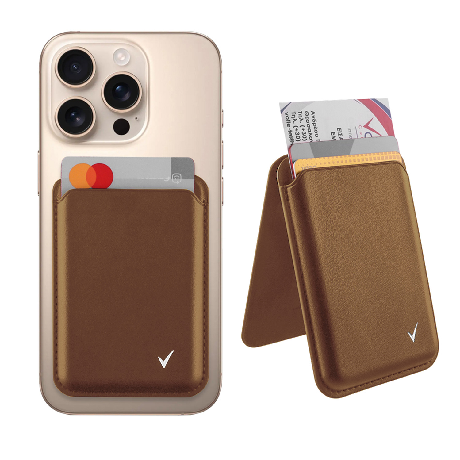 VOLTE-TEL ΘΗΚΗ ΚΑΡΤΩΝ MAGSAFE MAGNETIC ANTI-RF ME STAND LEATHER CAMEL