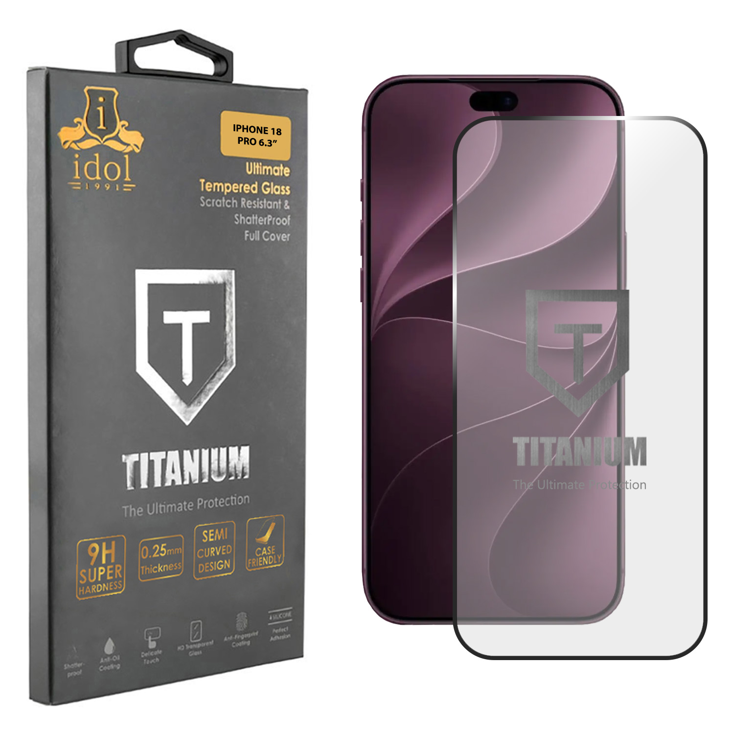 IDOL 1991 TITANIUM TEMPERED GLASS IPHONE 18 PRO 6.3in 9H 0.25mm SEMI CURVED FINGER UNLOCK FULL GLUE BLACK