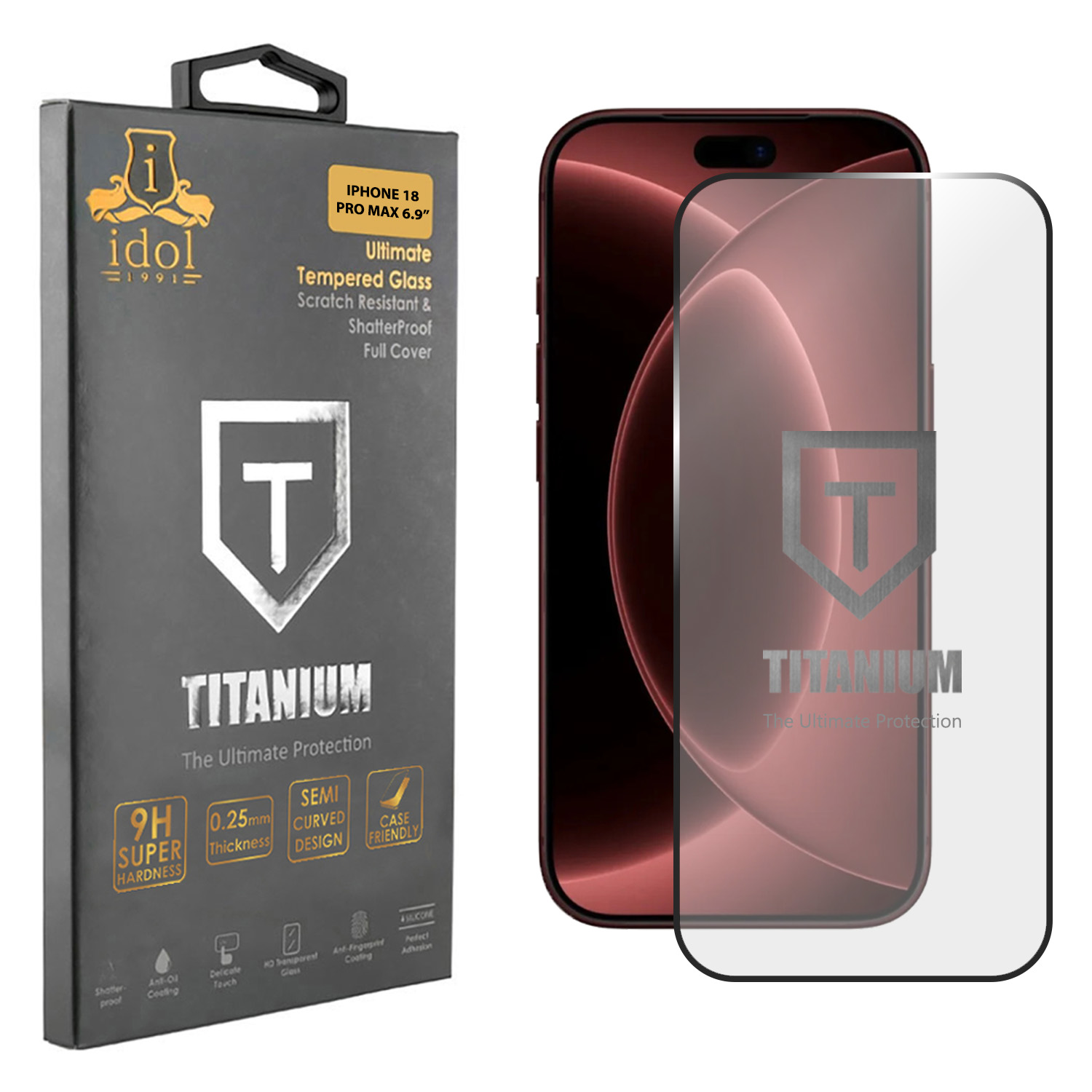 IDOL 1991 TITANIUM TEMPERED GLASS IPHONE 18 PRO MAX 6.9in 9H 0.25mm SEMI CURVED FINGER UNLOCK FULL GLUE BLACK
