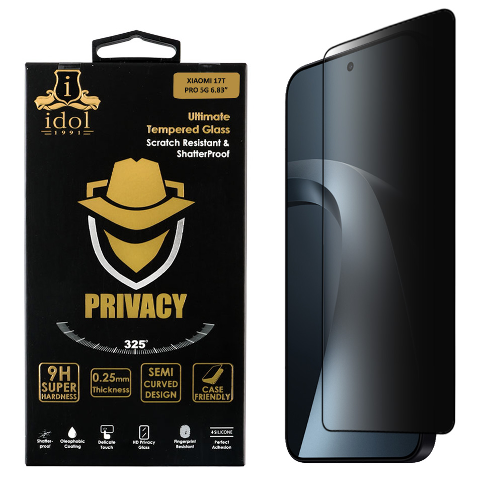 IDOL 1991 PRIVACY ANTISPY TEMPERED GLASS XIAOMI 17T PRO 5G 6.83in 9H 0.25mm SEMI CURVED FINGER UNLOCK FULL GLUE BLACK